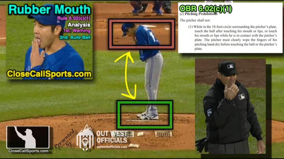 Angel Hernandez appelle le lanceur Kikuchi pour balle automatique (main à bouche sur caoutchouc) – règle 6.02(c)(1) Angel Hernandez appelle le lanceur Kikuchi pour balle automatique (main à bouche sur caoutchouc) - règle 6.02(c)(1)