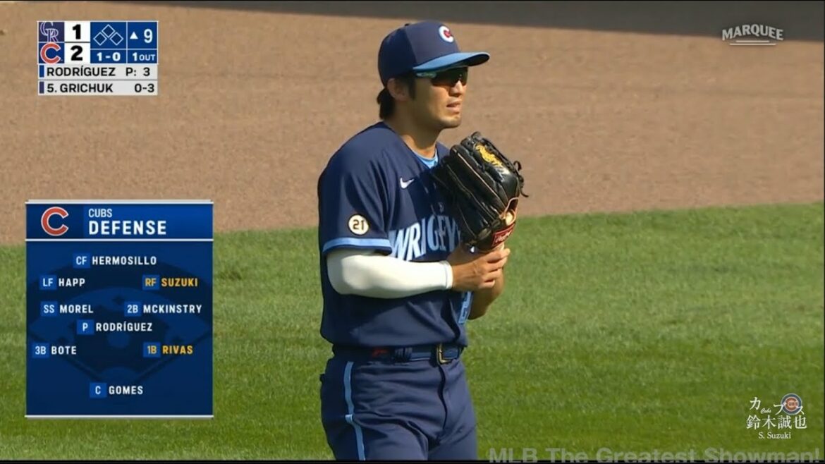 [Seiya Suzuki]N'a participé à la défense qu'à la 9e manche !  !  Bien qu'il ait eu une main enflée après avoir été touché par un lancer lors du match contre les Mets le 14, il a montré une apparence saine !  !