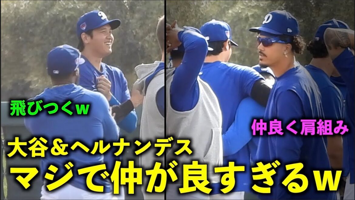 Bons amis mdr Teoscar Hernandez saute sur Shohei Ohtani et les bras autour de lui[Images locales]Dodgers Spring Camp 2024[Spring Training]