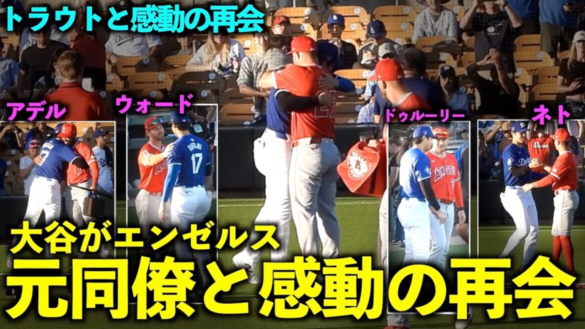 Shohei Otani a l'air heureux après avoir trouvé une truite ! Retrouver d’anciens collègues des Angels, c’est tellement émouvant ![Images locales]Match d'ouverture des Dodgers du 6 mars