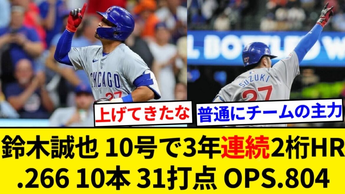 Seiya Suzuki atteint un HR à deux chiffres pour la 3ème année consécutive avec le home run n°10 !  Moyenne au bâton 0,268 10 coups sûrs 31 points produits Pourcentage de base 0,339 Pourcentage de coups 0,473 OPS.812[Résumé 5ch][Résumé Nan J]