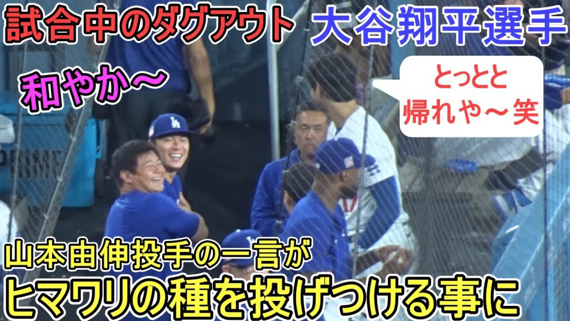 Le lanceur Yoshinobu Yamamoto s'implique avec Shohei Ohtani dans l'abri pendant le match⁉[Shohei Ohtani]contre les Red Sox de Boston ~Premier match de la série~Shohei Ohtani contre les Red Sox 2024