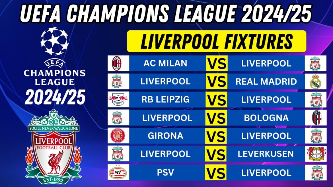 CALENDRIER DE LA LIGUE DES CHAMPIONS DE LIVERPOOL | CALENDRIER DE L'UCL AUJOURD'HUI | UEFA CHAMPIONS LEAGUE 2024/25 |