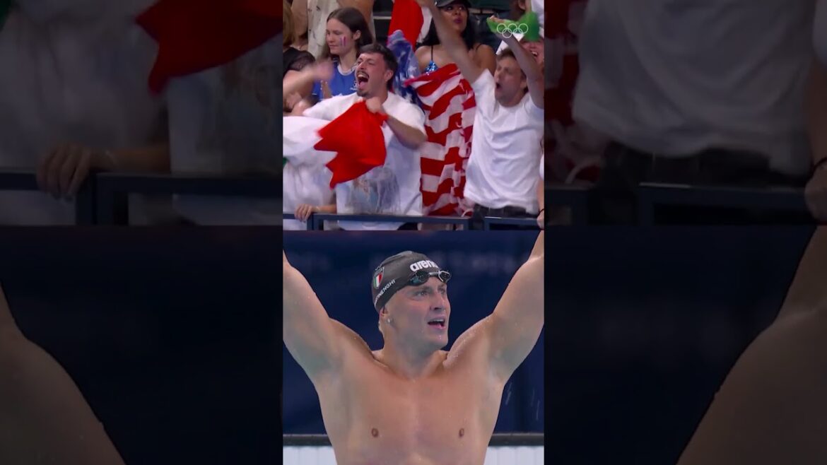 La foule est devenue complètement folle lorsque Nicolo Martinenghi a remporté l'OR au 100 m brasse masculin ! 🥇🇮🇹❤️