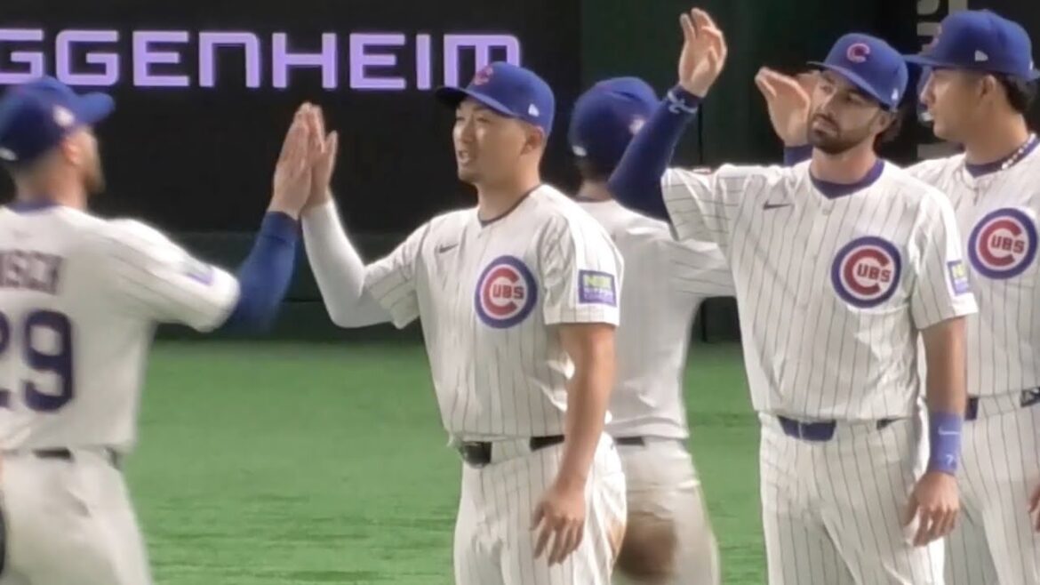 Les Cubs de Chicago Suzuki Seiya accueillent les neuf et remportent un high-five! MLB Tokyo Series 16 mars 2025