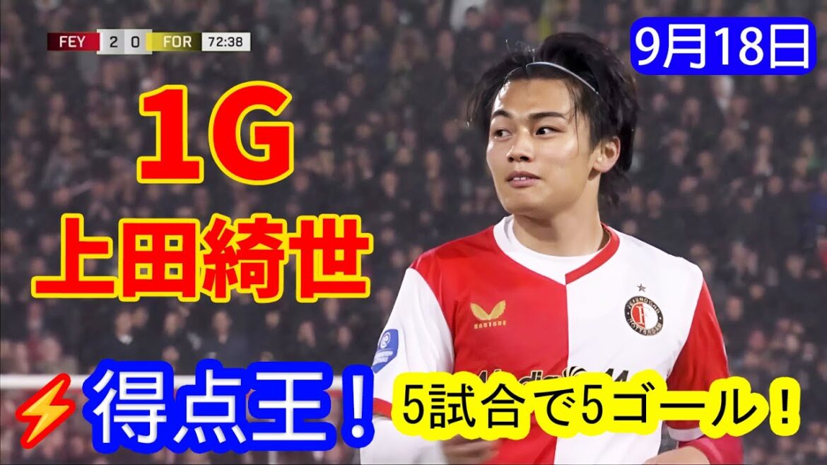 [18 septembre]Ueda Kyoyo ne peut pas s'arrêter! Il a marqué cinq buts en cinq matches, menant la course des buteurs locaux[louanges des médias locaux]