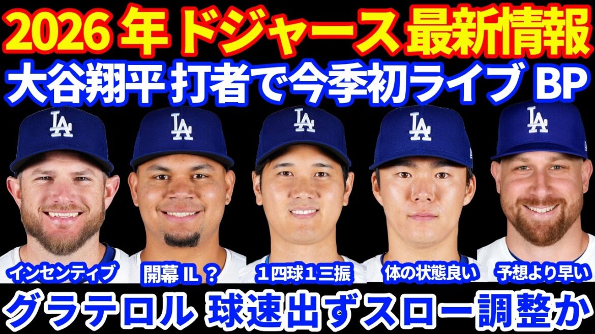 Dernières informations des Dodgers 2026 !! ️ Shohei Otani, frappeur, premier BP live de la saison 1 but sur balles, 1 retrait au bâton ⚾️ Yoshinobu Yamamoto est en meilleure condition physique que les autres années 🙆‍♂️ Informations complémentaires sur le contrat de Muncy 💰 Le pitch de Graterol ne sort pas vite, ajustement lent ?