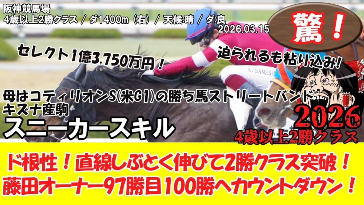 [Courses hippiques]Surprise ! Sélectionné 137,5 millions de yens, Good Blood Horse 2 remporte la classe ! Compte à rebours jusqu'à 100 victoires pour le propriétaire Fujita ! 4 ans et plus 2 victoires classe (2026.03.15・Hanshin 12R) 2026 / Sneaker Skills