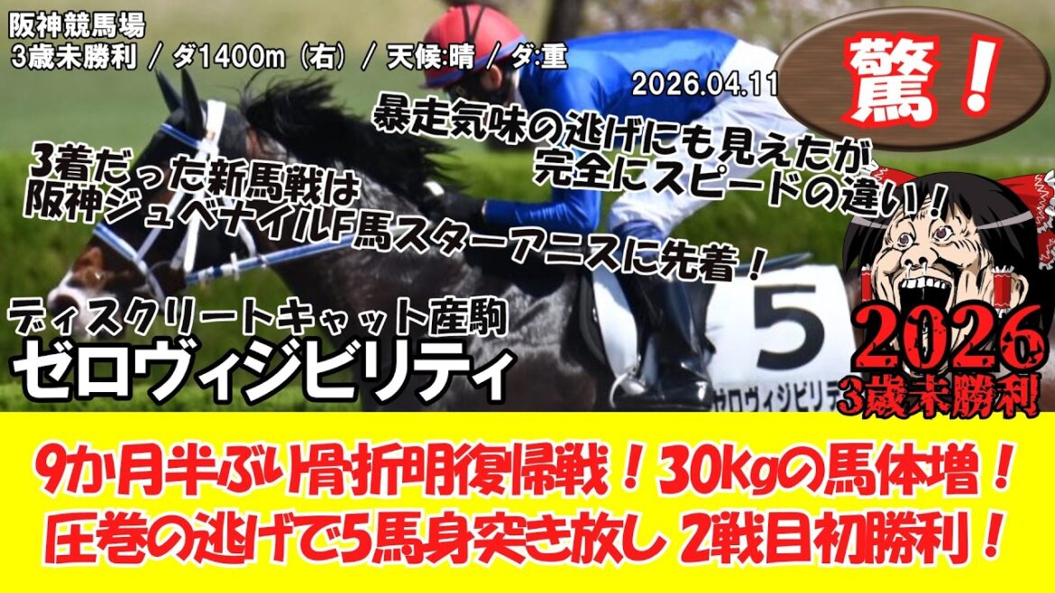 [Courses hippiques]Surprise ! Retour du jeu après 9 mois et demi de fracture ! Le poids du cheval a augmenté de 30kg ! Première victoire dans la 2ème course avec une échappée spectaculaire et 5 longueurs de chevaux ! 3 ans invaincu (2026.04.11・Hanshin 2R) 2026 / Visibilité nulle