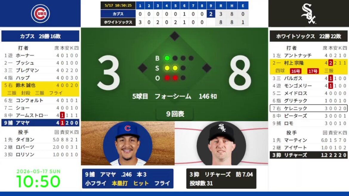 [Munetaka Murakami n°16 n°17, Seiya Suzuki]17/05 08:10 #9 White Sox contre Cubs 824600