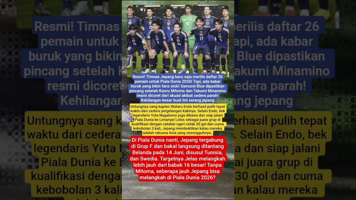 Le Japon annonce 26 joueurs pour le Pildun 2026 ! Mitoma et Minamino absents #worldcup2026 #japan #shorts Le Japon annonce 26 joueurs pour le Pildun 2026 ! Mitoma et Minamino absents #worldcup2026 #japan #shorts