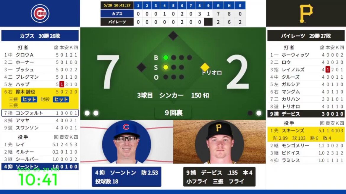 [Lanceur partant de Skeens][Seiya Suzuki]29/05 07:40 #5 Pirates contre Cubs 823378