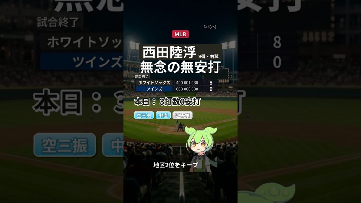 [Résultats récents]Rikufu Nishida | 0 coup sûr sur 3 aux chauves-souris | Malheureusement aucun succès | White Sox 8-0 Jumeaux [6/4(木)]