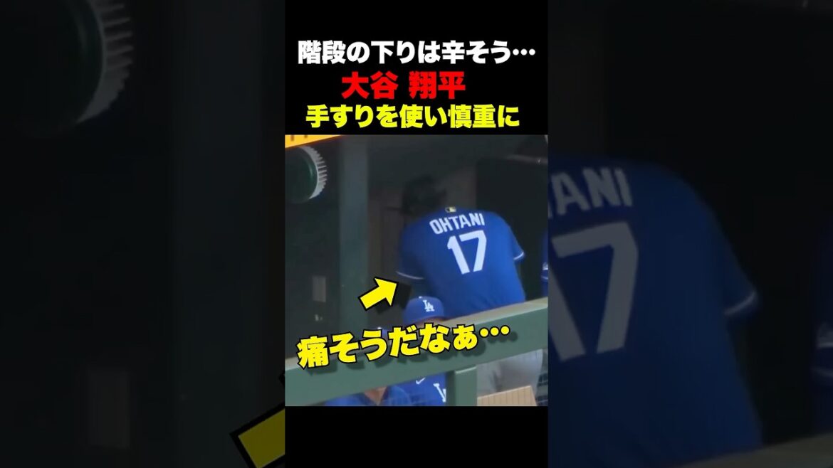 Shohei Otani descend prudemment les escaliers et passe derrière le banc...