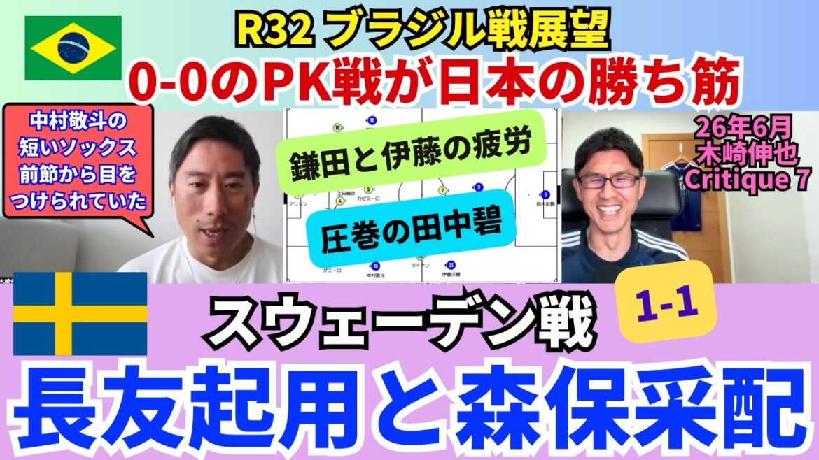 Retour sur le match de Kizaki contre la Suède. Nommé avec succès Nagatomo, sous la direction de l'entraîneur Moriyasu, maître du jeu. Perspectives pour le match contre le Brésil. Un score de 0-0 aux tirs au but est susceptible de permettre au Japon de gagner. Je m'inquiète de la fatigue de Kamata et Hiroki Ito. ｜26 juin Shinya Kizaki Critique 7